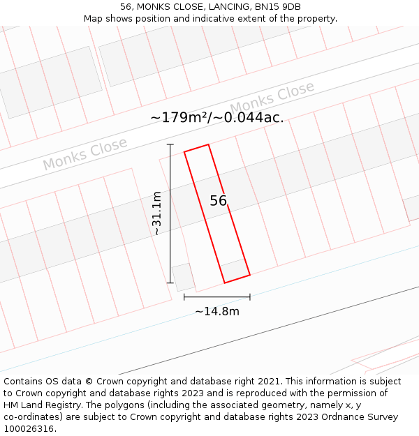 56, MONKS CLOSE, LANCING, BN15 9DB: Plot and title map