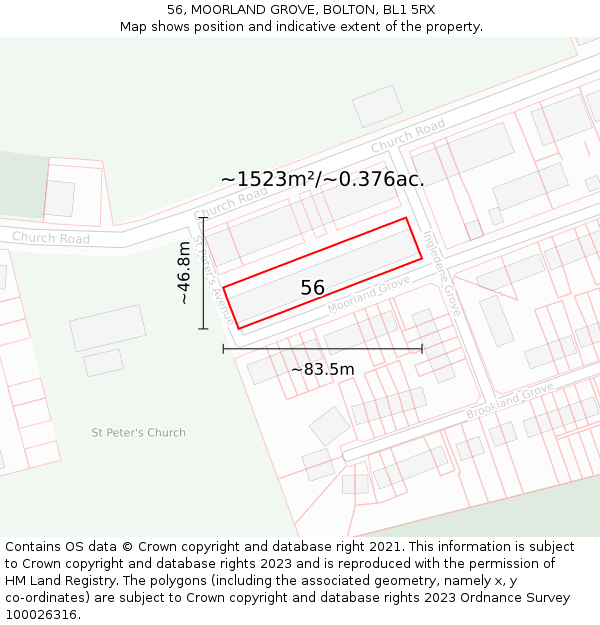 56, MOORLAND GROVE, BOLTON, BL1 5RX: Plot and title map