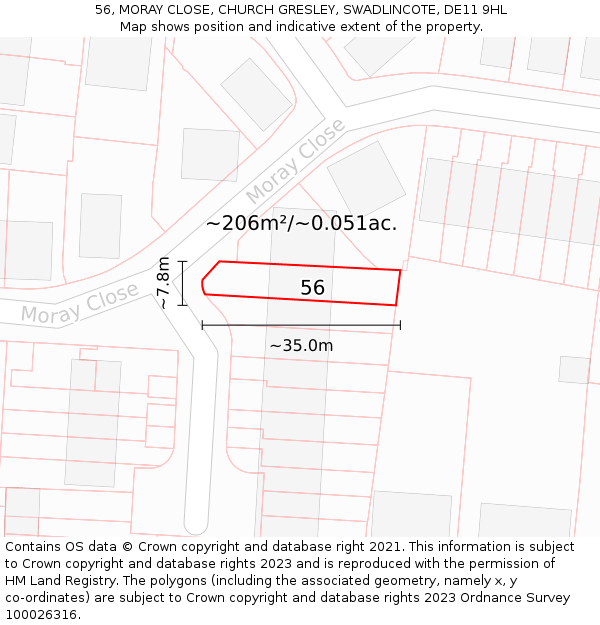 56, MORAY CLOSE, CHURCH GRESLEY, SWADLINCOTE, DE11 9HL: Plot and title map