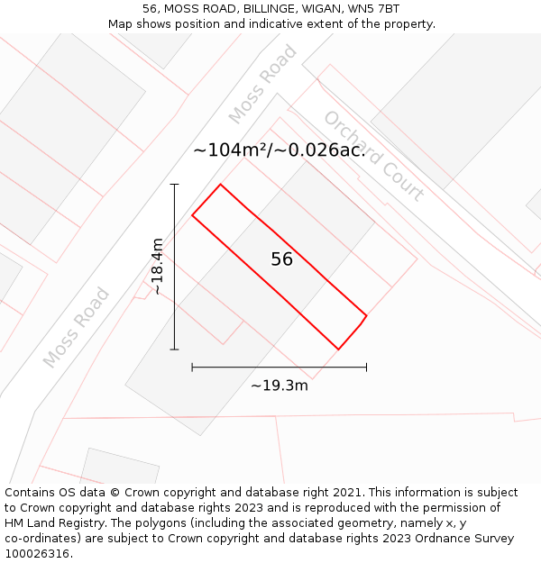56, MOSS ROAD, BILLINGE, WIGAN, WN5 7BT: Plot and title map