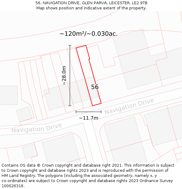 56, NAVIGATION DRIVE, GLEN PARVA, LEICESTER, LE2 9TB: Plot and title map