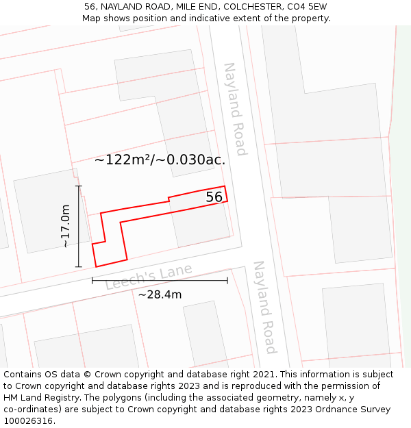 56, NAYLAND ROAD, MILE END, COLCHESTER, CO4 5EW: Plot and title map
