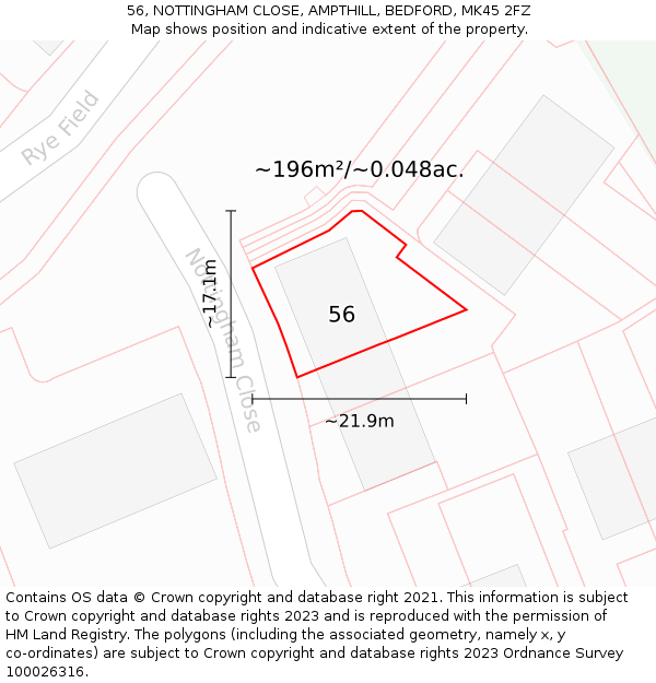 56, NOTTINGHAM CLOSE, AMPTHILL, BEDFORD, MK45 2FZ: Plot and title map