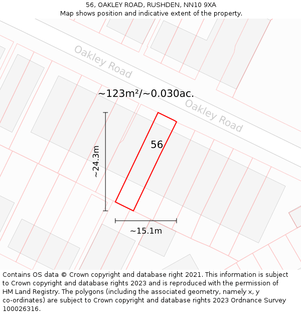 56, OAKLEY ROAD, RUSHDEN, NN10 9XA: Plot and title map