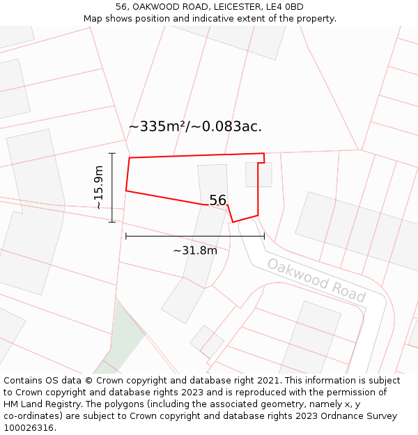 56, OAKWOOD ROAD, LEICESTER, LE4 0BD: Plot and title map
