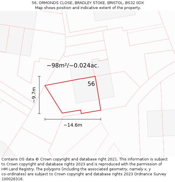 56, ORMONDS CLOSE, BRADLEY STOKE, BRISTOL, BS32 0DX: Plot and title map