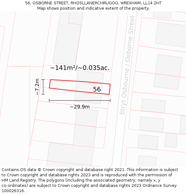 56, OSBORNE STREET, RHOSLLANERCHRUGOG, WREXHAM, LL14 2HT: Plot and title map