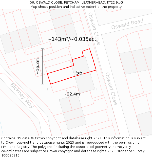 56, OSWALD CLOSE, FETCHAM, LEATHERHEAD, KT22 9UG: Plot and title map