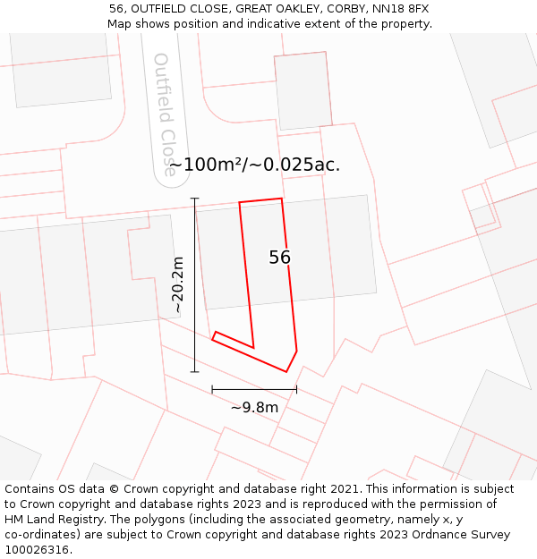 56, OUTFIELD CLOSE, GREAT OAKLEY, CORBY, NN18 8FX: Plot and title map