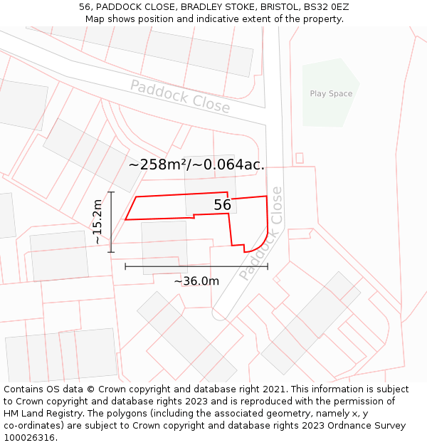 56, PADDOCK CLOSE, BRADLEY STOKE, BRISTOL, BS32 0EZ: Plot and title map