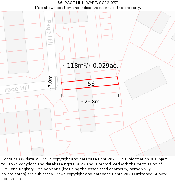 56, PAGE HILL, WARE, SG12 0RZ: Plot and title map