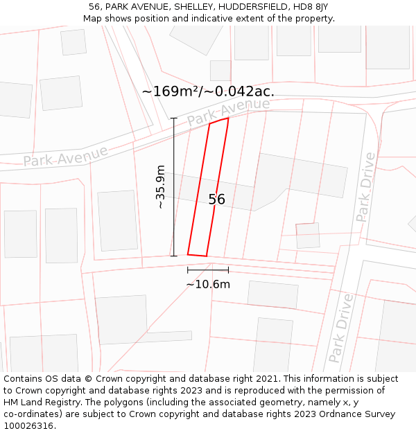 56, PARK AVENUE, SHELLEY, HUDDERSFIELD, HD8 8JY: Plot and title map