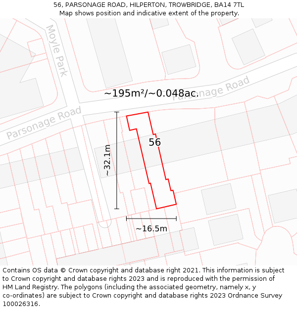 56, PARSONAGE ROAD, HILPERTON, TROWBRIDGE, BA14 7TL: Plot and title map