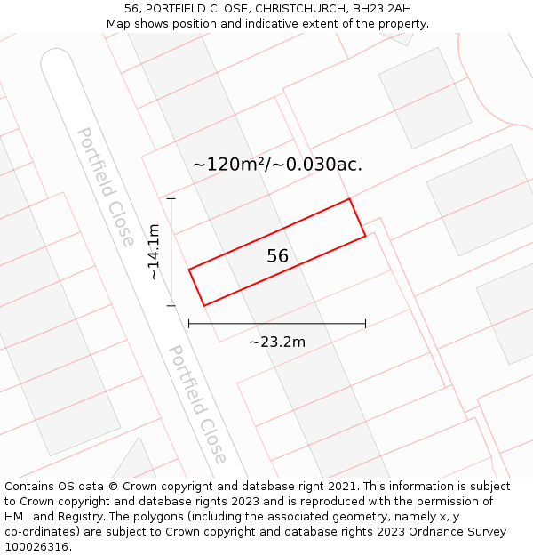 56, PORTFIELD CLOSE, CHRISTCHURCH, BH23 2AH: Plot and title map