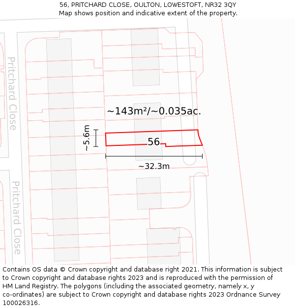56, PRITCHARD CLOSE, OULTON, LOWESTOFT, NR32 3QY: Plot and title map