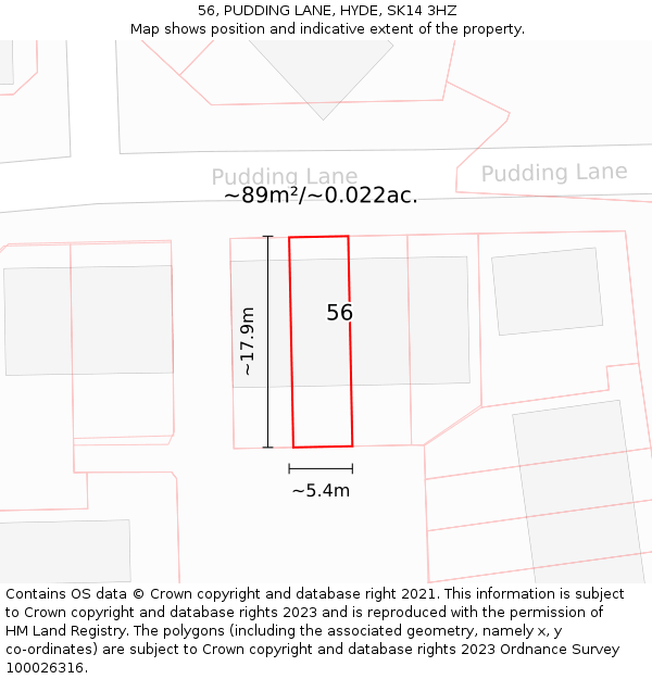 56, PUDDING LANE, HYDE, SK14 3HZ: Plot and title map