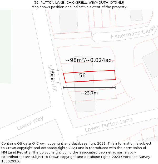 56, PUTTON LANE, CHICKERELL, WEYMOUTH, DT3 4LR: Plot and title map