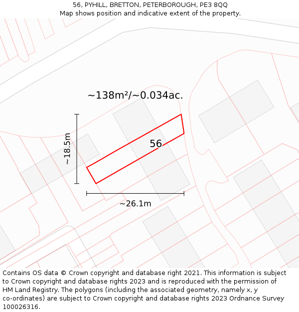 56, PYHILL, BRETTON, PETERBOROUGH, PE3 8QQ: Plot and title map