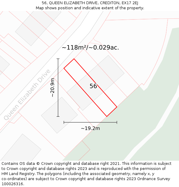56, QUEEN ELIZABETH DRIVE, CREDITON, EX17 2EJ: Plot and title map