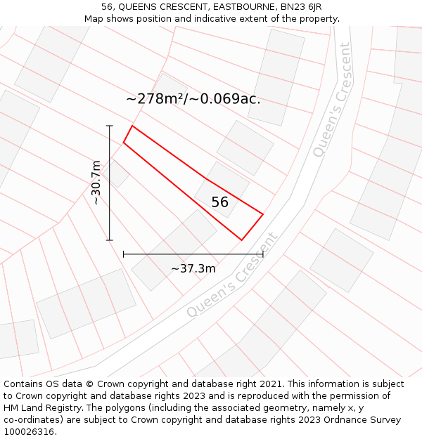 56, QUEENS CRESCENT, EASTBOURNE, BN23 6JR: Plot and title map