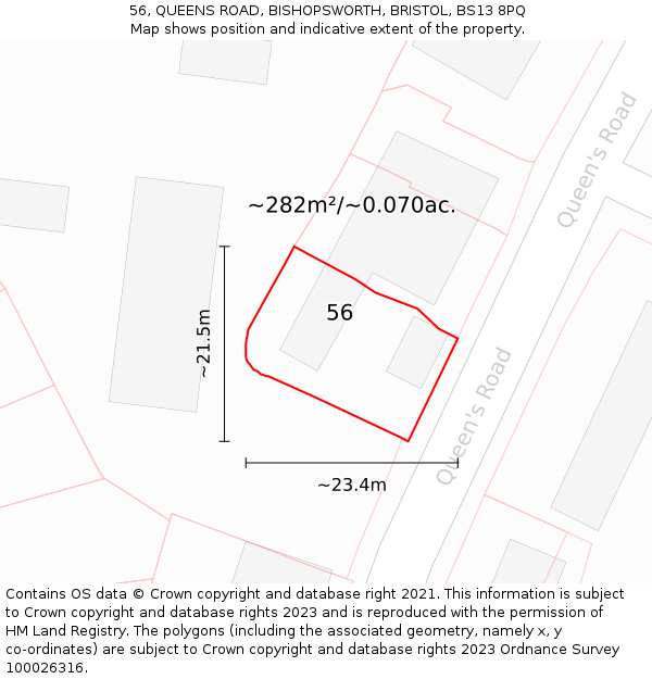 56, QUEENS ROAD, BISHOPSWORTH, BRISTOL, BS13 8PQ: Plot and title map