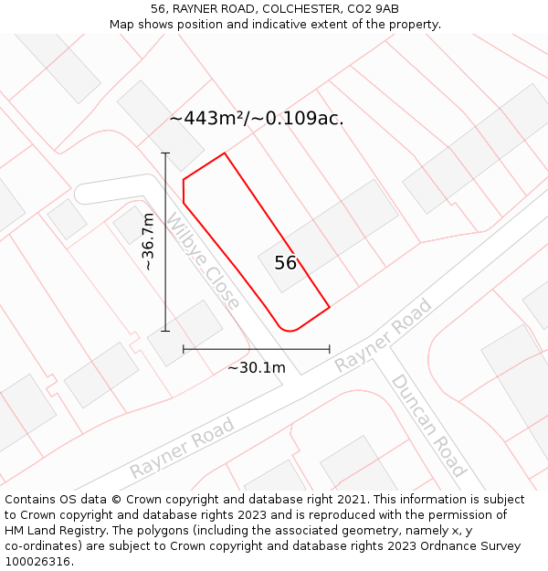 56, RAYNER ROAD, COLCHESTER, CO2 9AB: Plot and title map