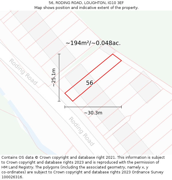 56, RODING ROAD, LOUGHTON, IG10 3EF: Plot and title map
