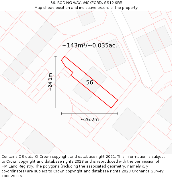 56, RODING WAY, WICKFORD, SS12 9BB: Plot and title map