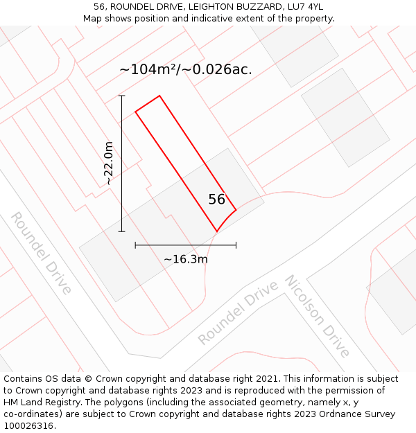 56, ROUNDEL DRIVE, LEIGHTON BUZZARD, LU7 4YL: Plot and title map