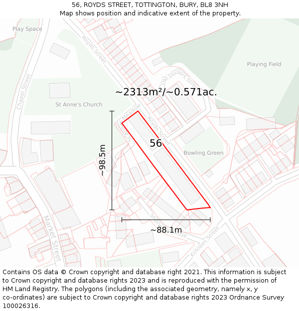 56, ROYDS STREET, TOTTINGTON, BURY, BL8 3NH: Plot and title map
