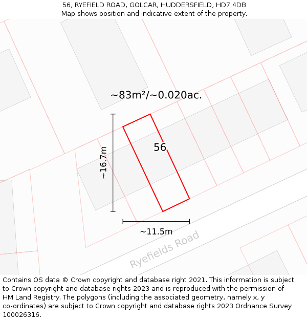 56, RYEFIELD ROAD, GOLCAR, HUDDERSFIELD, HD7 4DB: Plot and title map