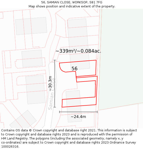 56, SAMIAN CLOSE, WORKSOP, S81 7FG: Plot and title map