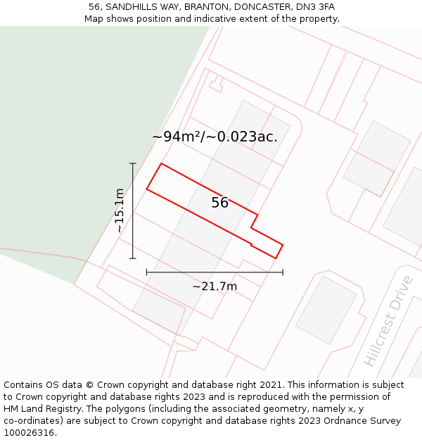 56, SANDHILLS WAY, BRANTON, DONCASTER, DN3 3FA: Plot and title map