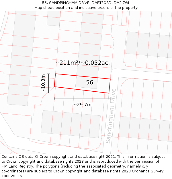 56, SANDRINGHAM DRIVE, DARTFORD, DA2 7WL: Plot and title map