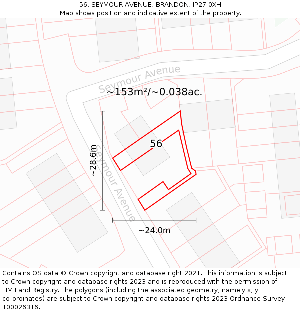 56, SEYMOUR AVENUE, BRANDON, IP27 0XH: Plot and title map