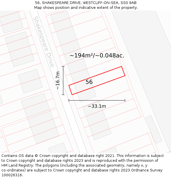 56, SHAKESPEARE DRIVE, WESTCLIFF-ON-SEA, SS0 9AB: Plot and title map