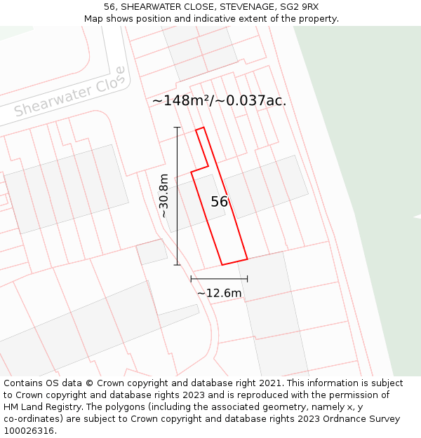 56, SHEARWATER CLOSE, STEVENAGE, SG2 9RX: Plot and title map