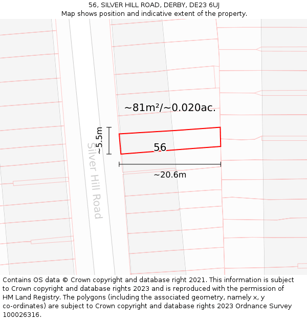 56, SILVER HILL ROAD, DERBY, DE23 6UJ: Plot and title map