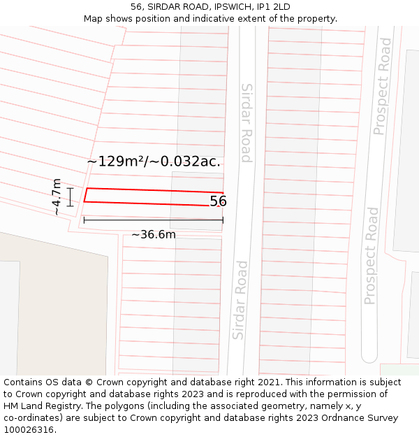 56, SIRDAR ROAD, IPSWICH, IP1 2LD: Plot and title map