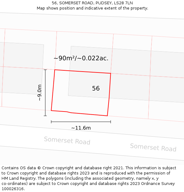 56, SOMERSET ROAD, PUDSEY, LS28 7LN: Plot and title map