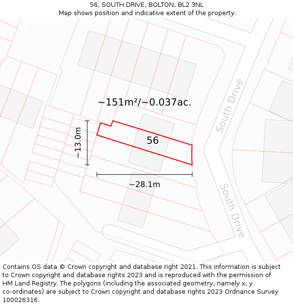 56, SOUTH DRIVE, BOLTON, BL2 3NL: Plot and title map
