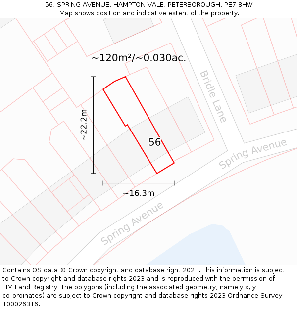 56, SPRING AVENUE, HAMPTON VALE, PETERBOROUGH, PE7 8HW: Plot and title map