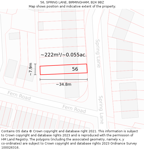 56, SPRING LANE, BIRMINGHAM, B24 9BZ: Plot and title map