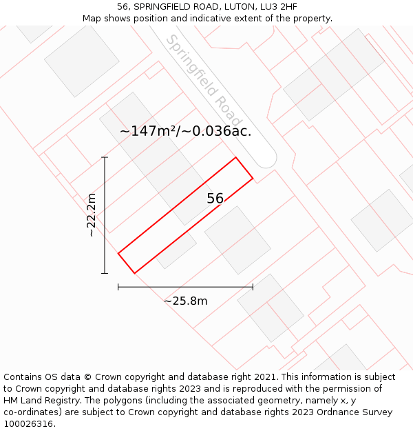 56, SPRINGFIELD ROAD, LUTON, LU3 2HF: Plot and title map