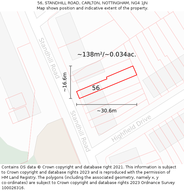 56, STANDHILL ROAD, CARLTON, NOTTINGHAM, NG4 1JN: Plot and title map