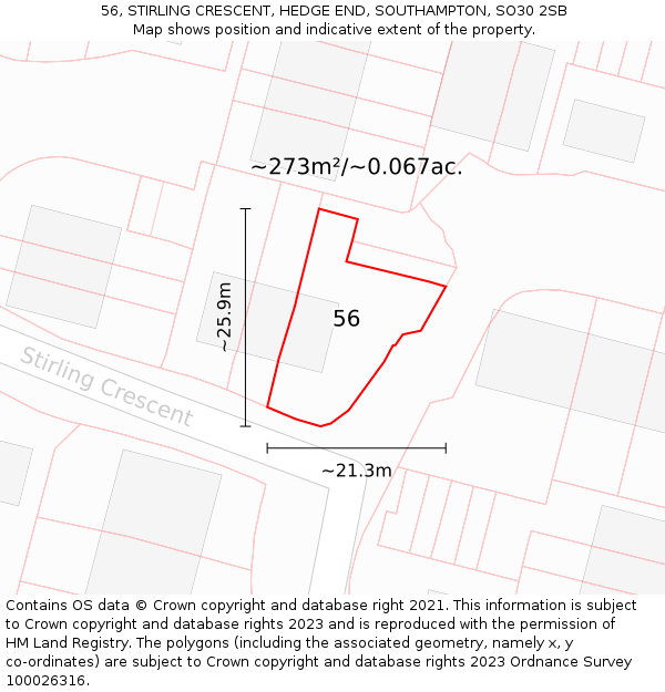56, STIRLING CRESCENT, HEDGE END, SOUTHAMPTON, SO30 2SB: Plot and title map