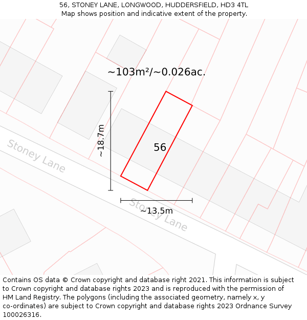 56, STONEY LANE, LONGWOOD, HUDDERSFIELD, HD3 4TL: Plot and title map