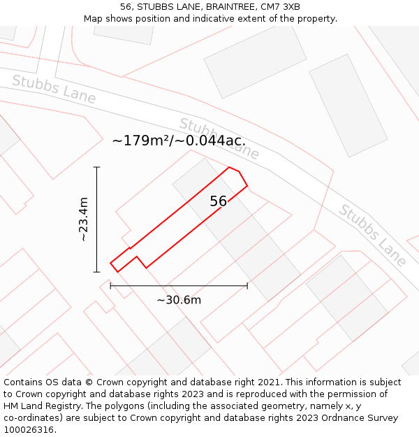 56, STUBBS LANE, BRAINTREE, CM7 3XB: Plot and title map