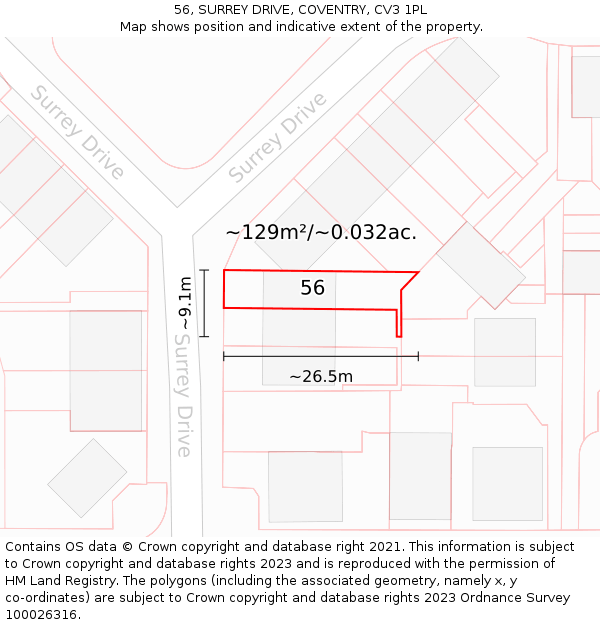 56, SURREY DRIVE, COVENTRY, CV3 1PL: Plot and title map