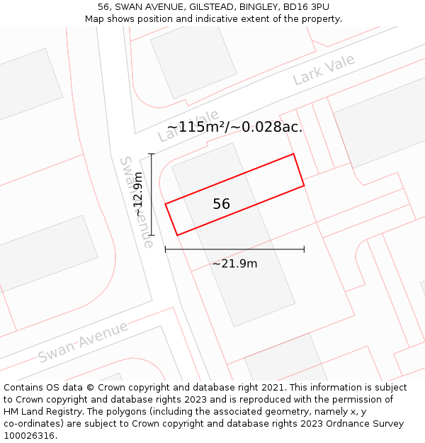 56, SWAN AVENUE, GILSTEAD, BINGLEY, BD16 3PU: Plot and title map